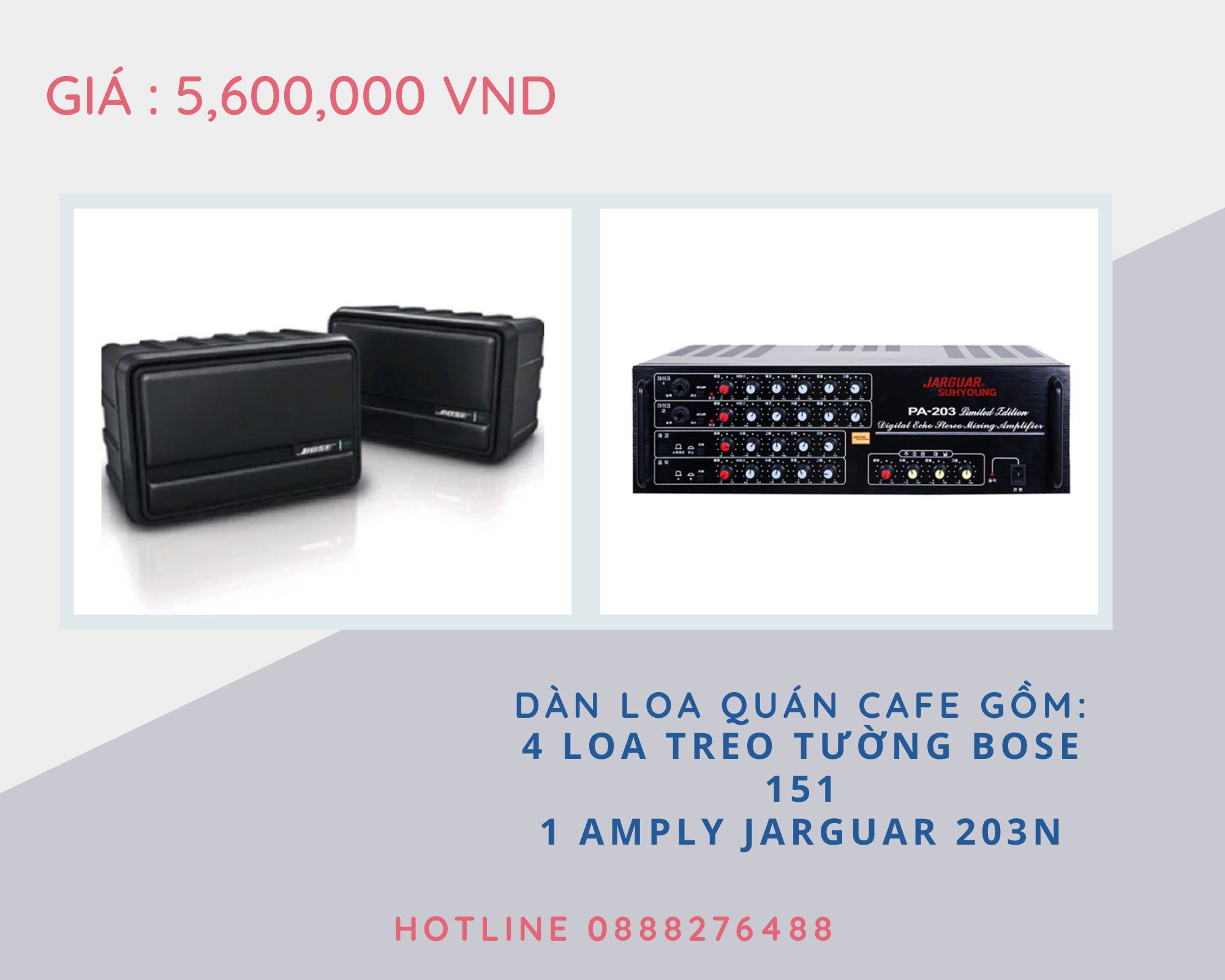 Dàn loa quán cafe gồm: 4 loa TREO TƯỜNG BOSE 151 1 Amply JARGUAR 203N